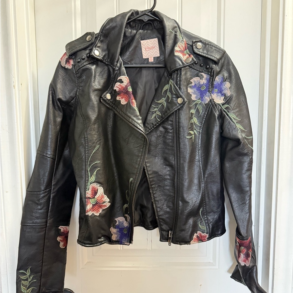 Candie's Black and Red Leather Jacket with Embroidered Details